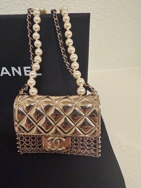 Chanel Gold Metal Mesh Micro Flap Bag Pearl Chain Necklace w/ Box